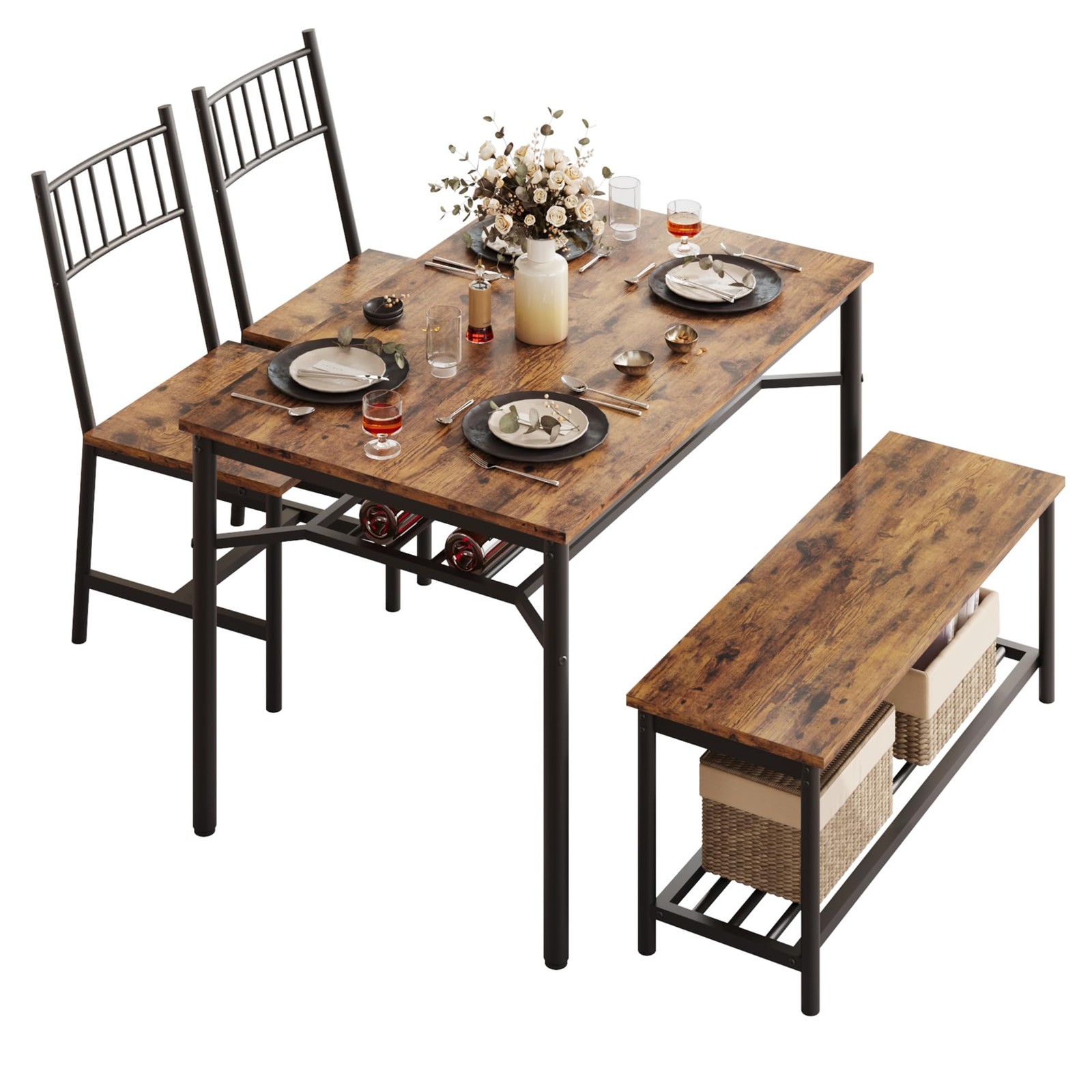 Dining Table Set for 4 ,Kitchen Table with Chairs & Bench and Storage Wine Rack