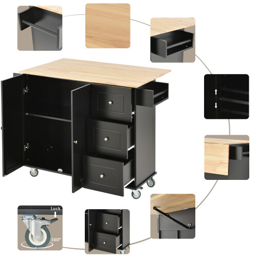 Rolling Drop Leaf Kitchen Island Trolley Cart Storage Cabinet 3 Drawers Wood Top
