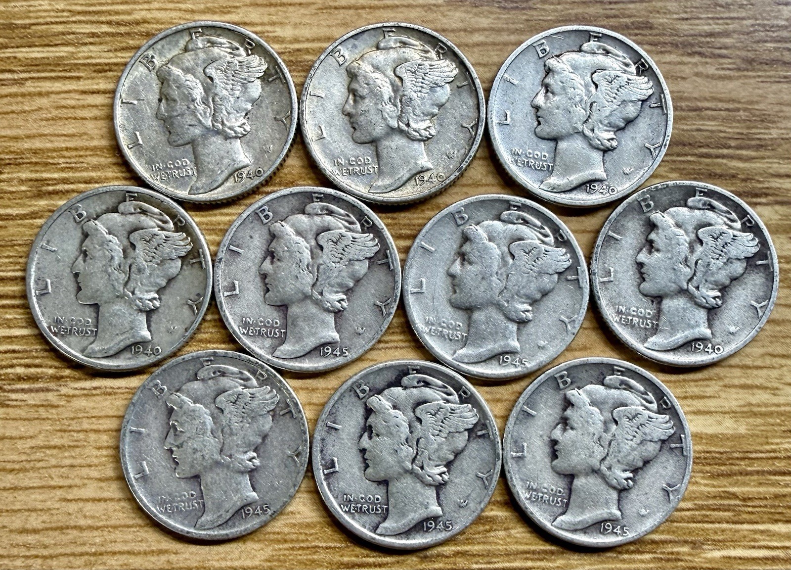 Lot of 10 Ten Mercury Dimes 90% SILVER Very Fine Plus Circulated Condition
