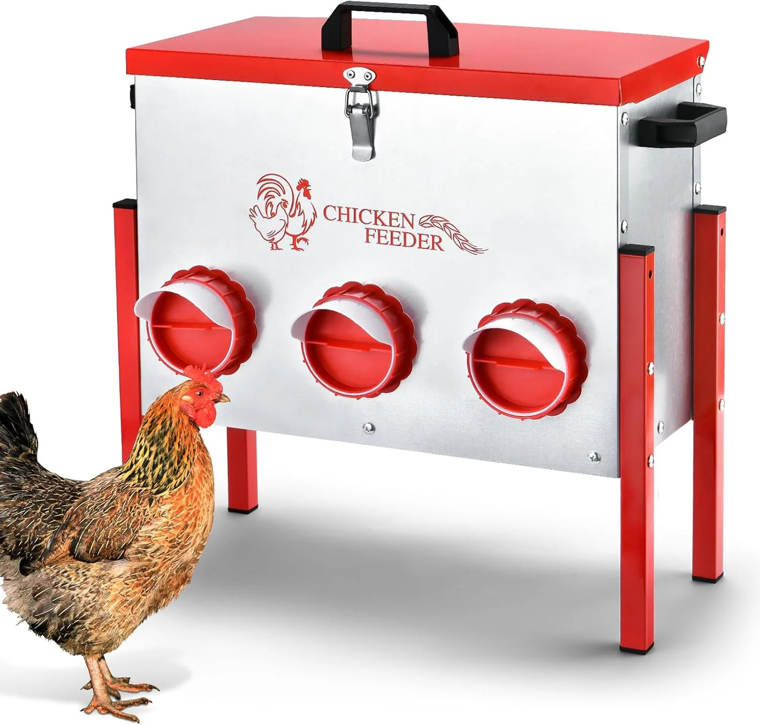 Chicken Feeder, 6 Feeding Ports, 35lbs Capacity Metal Feed Box with Handle and F