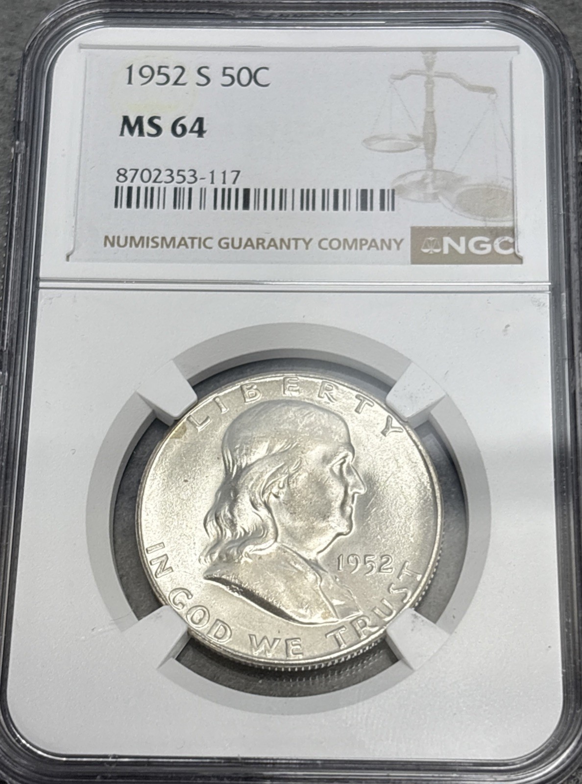 1952 S 50C BU Silver Franklin Half Dollar NGC Graded MS 64 White Coin