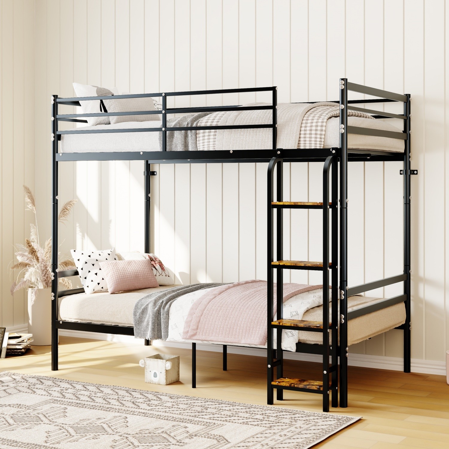Metal Bunk Bed Twin over Twin Convertible to 2 Beds w/ Guardrail for Kids Teens