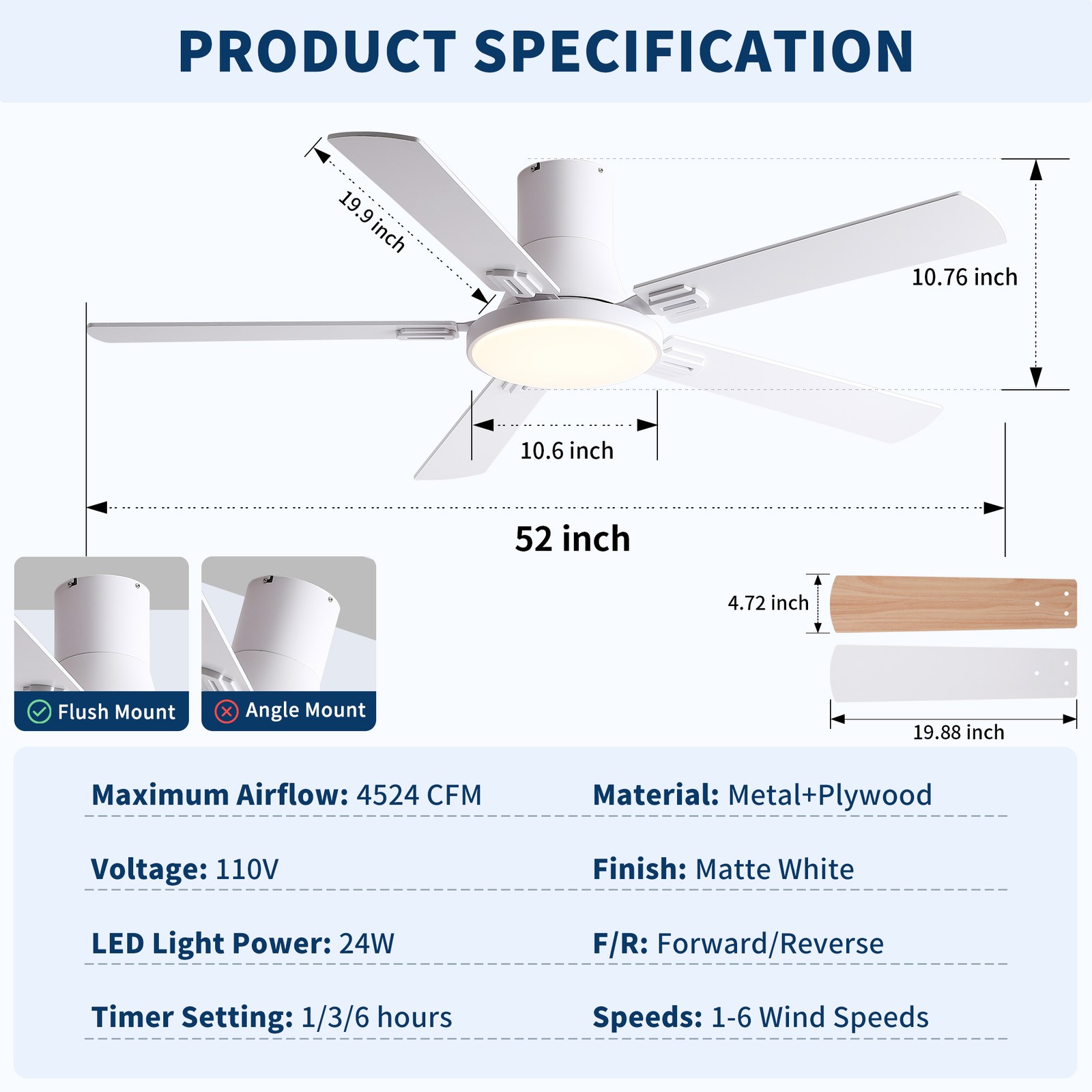 52" White Ceiling Fan with Light and Remote Control, 6-Speed DC Motor