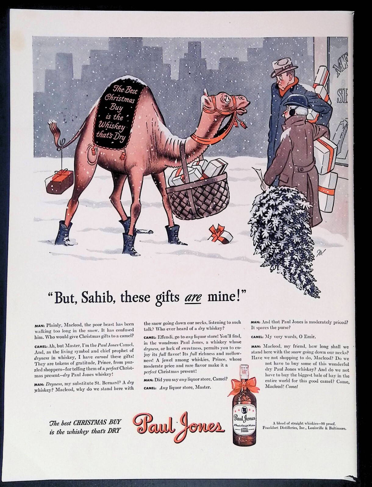 Print Ad 1940's Christmas Camel Bearing Gifts Paul Jones Whiskey