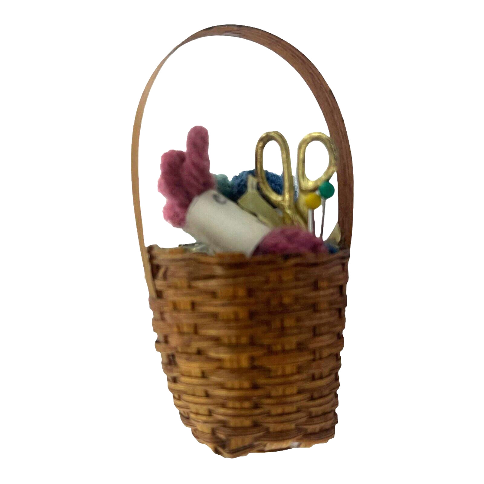 Decorative Miniature Craft Wicker 2.5 Inch Basket with Yarn and Scissors