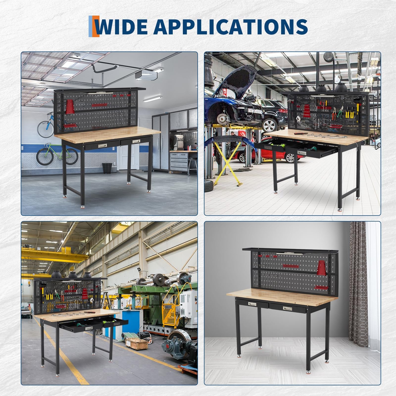 60" Adjustable Heavy Duty Workbench 2000 LBS Work Table with 2 Drawers LED Light