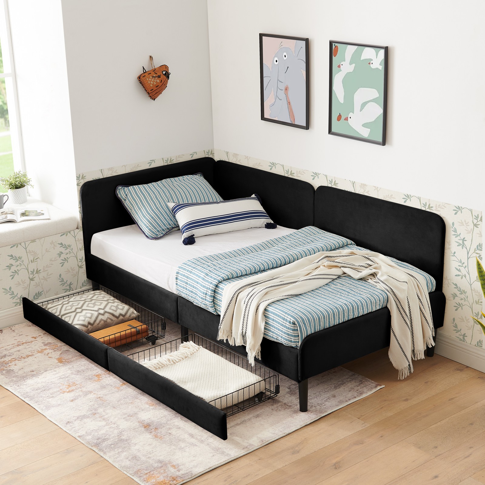 Twin Size Upholstered Platform Bed Frame with 2 Storage Drawers, Adjustable Vel