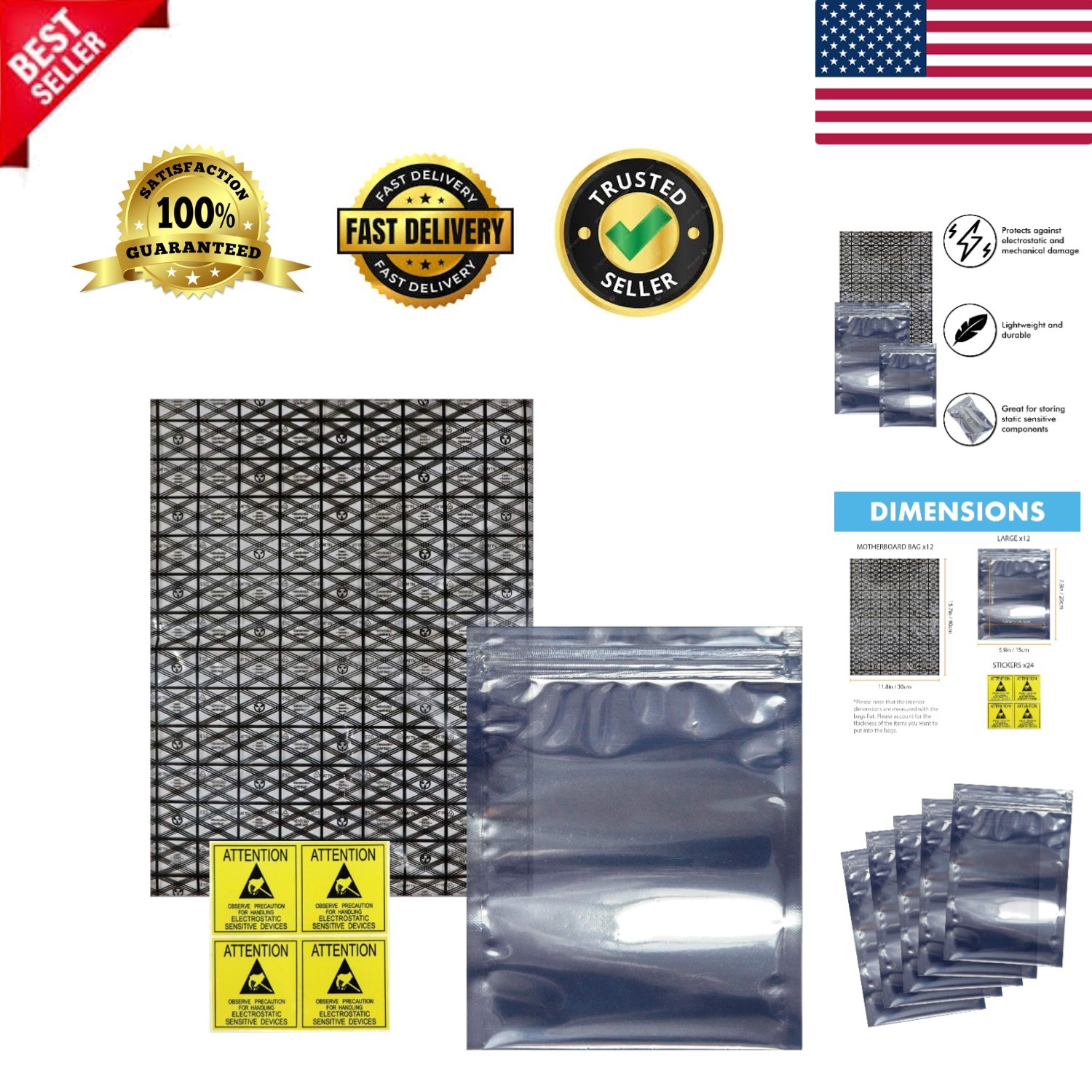 Antistatic Bags Set - 12 Open Top & 12 Resealable for Electronic Devices