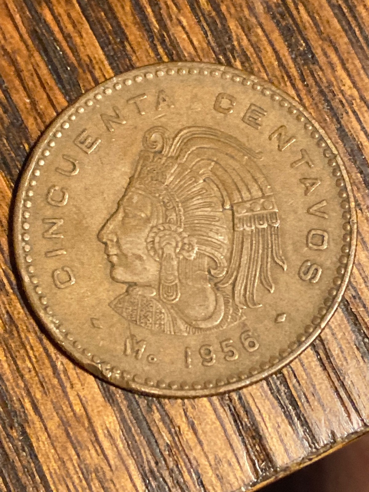 1956Mo  Mexico 50 Centavos Bronze Coin-33MM- Cuauhtemoc Aztec-KM#450