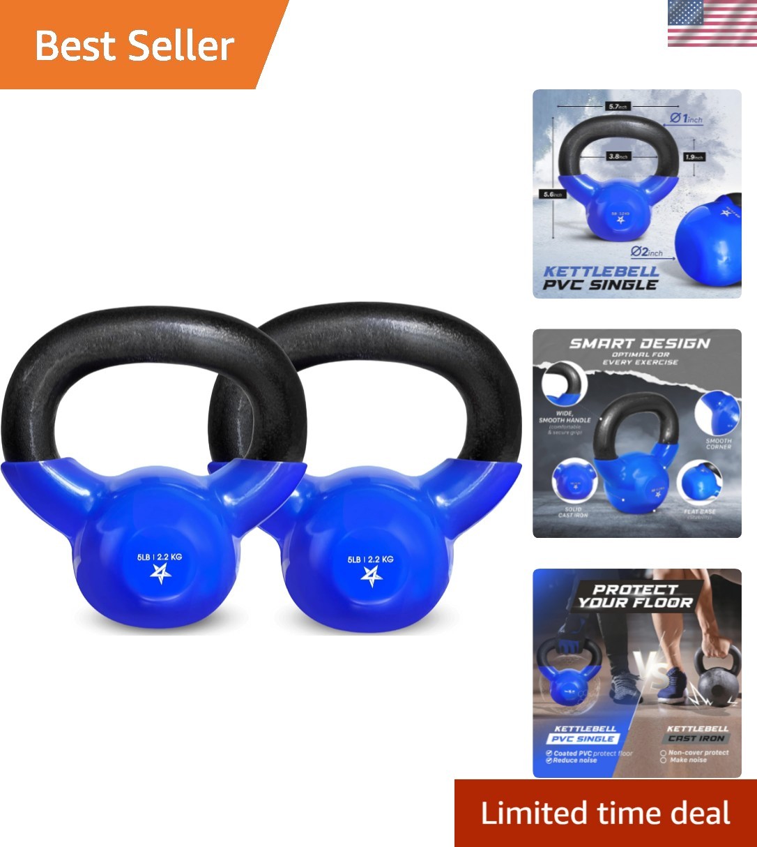 Kettlebell, 5-100 LB Vinyl Coated Cast Iron Strength Training Kettlebells for...