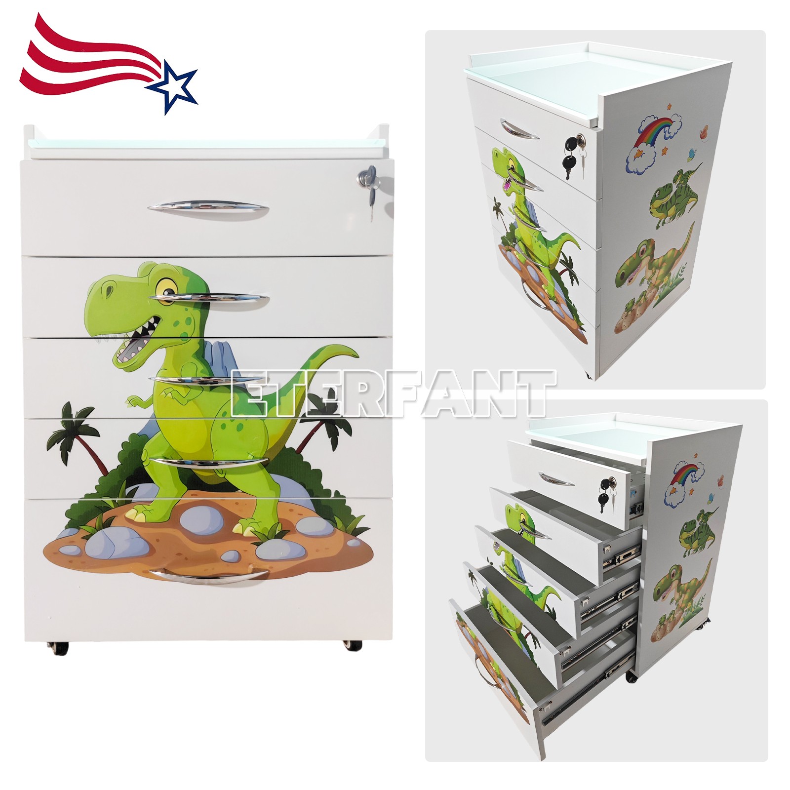 Dental 5 Drawers Cartoon Trolley Acrylic Mobile Wooden Cabinet Rolling Cart US
