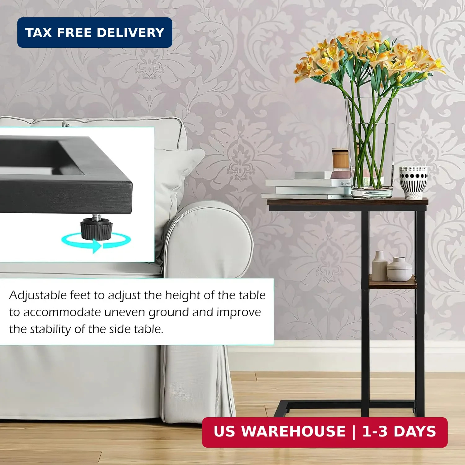 C Shaped Side Table for Sofa, Couch End Table for Small Spaces，Skinny Couch Side