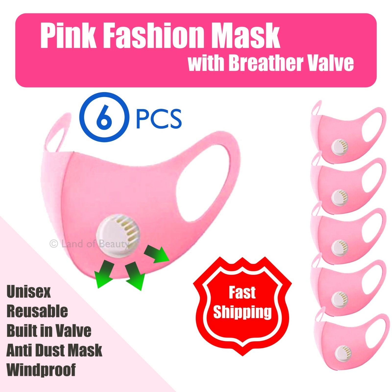 (Pack of 6 ) PINK RESPIRATOR FILTER FASHION FACE PINK MASK WASHABLE & REUSABLE