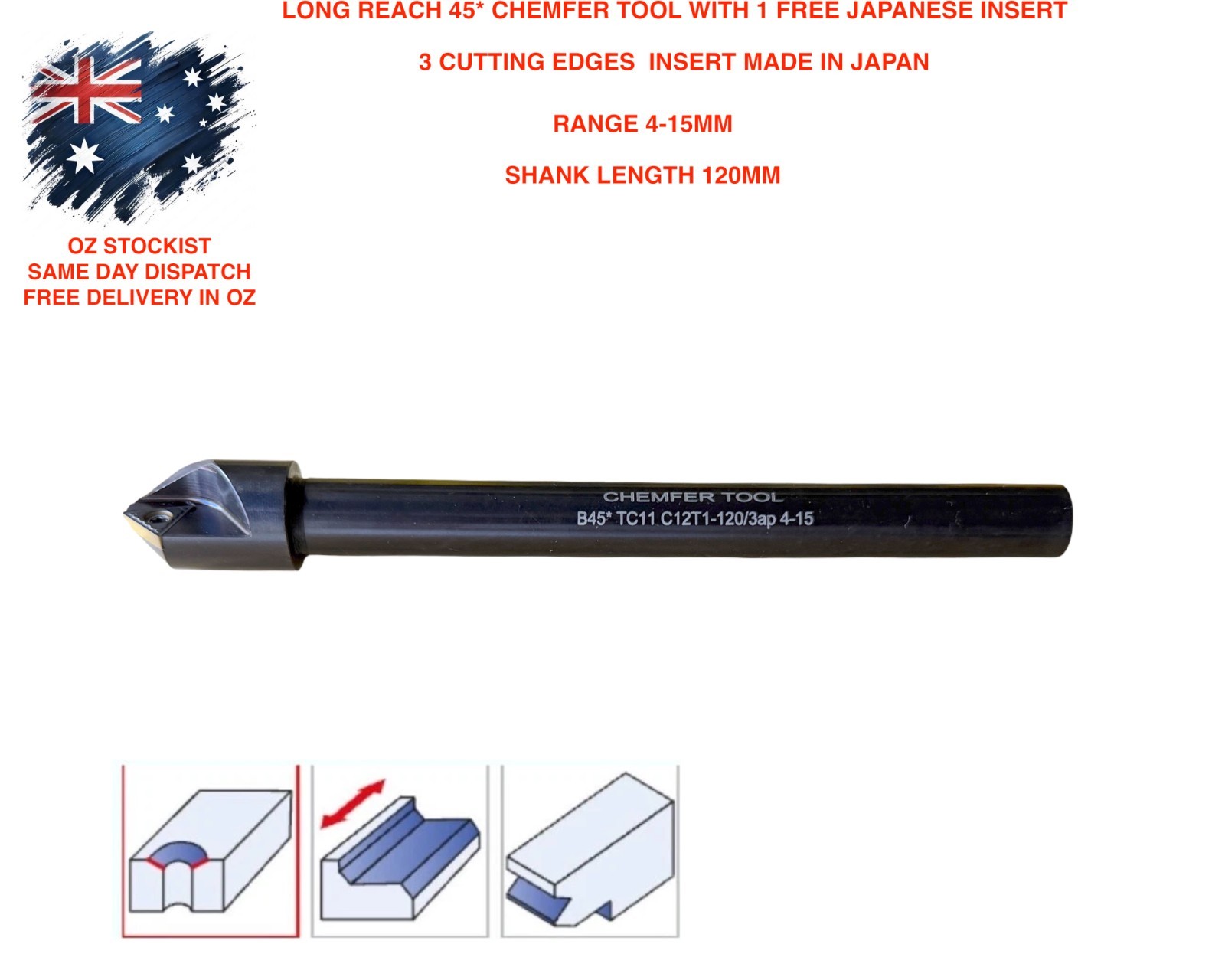 CHAMFER TOOL 90* WITH 1 MADE IN Long Range CARBIDE INSERT 3 CUTTING EDGES 4-15MM
