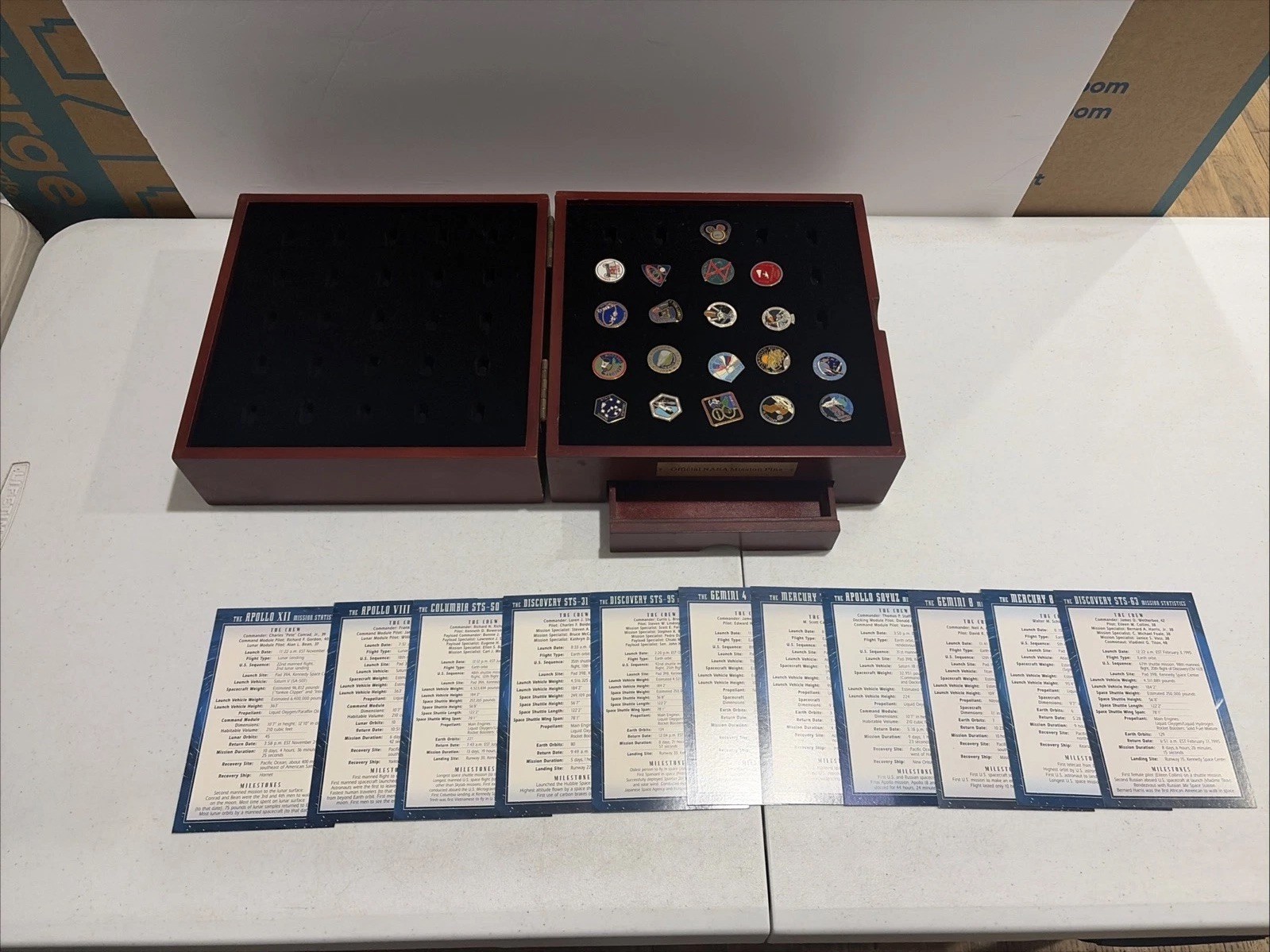 Official NASA Mission Pins In A Wooden Collector Box (19 pins With 11 Cards)
