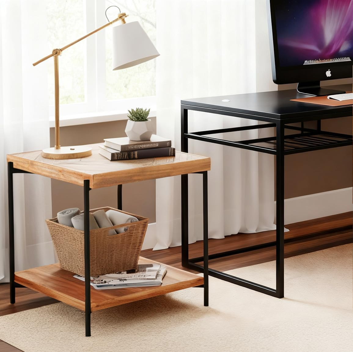 Stonecreek End Table 23 Inch, Solid Fir Wood Side Table with Metal Frame, 2-Tier
