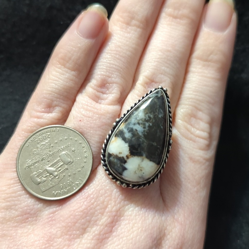 Silver Plated White Black White Buffalo Gemstone Teardrop Statement Ring - 8-10