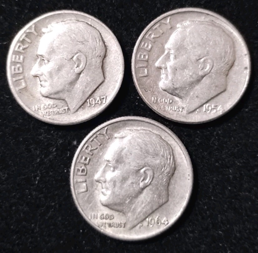 3 Roosevelt 90% Silver Dimes 1947 1954 And 1964 D