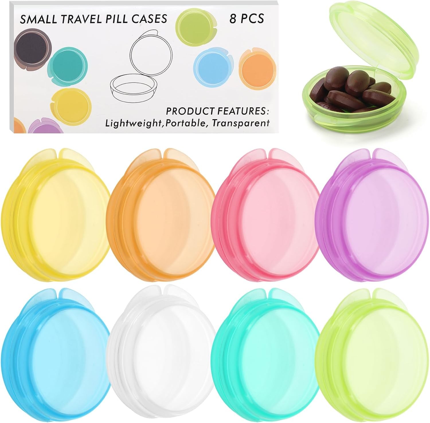 ,8 Pack Travel Round Pill Boxes,Portable Mini Daily Pill Organizer