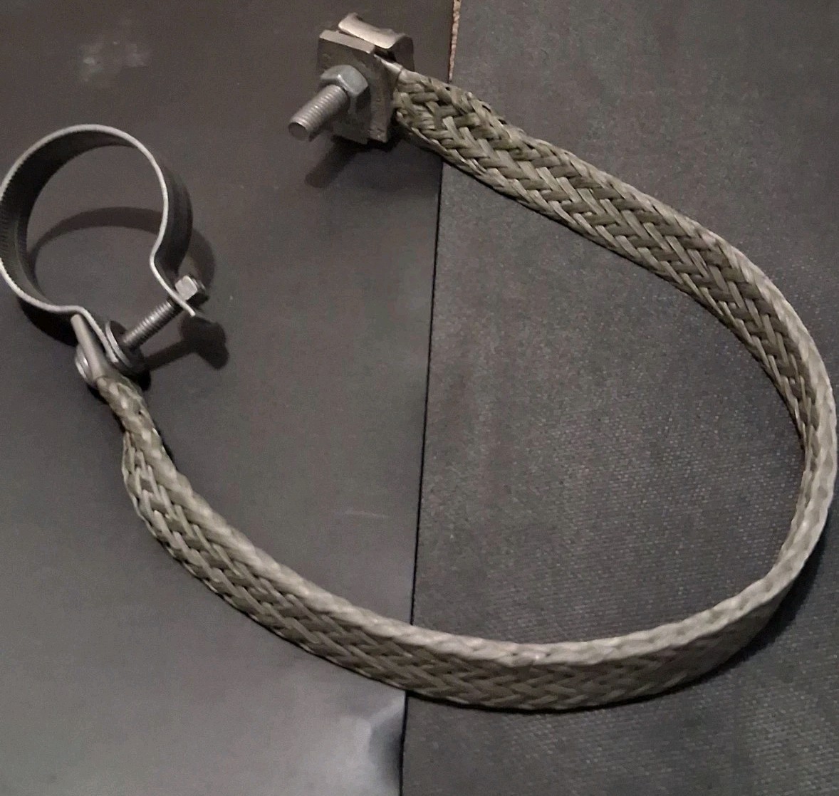 24in × 1¼ in. Braided Copper strap with adjusting clamp & Stud/bolt Terminal