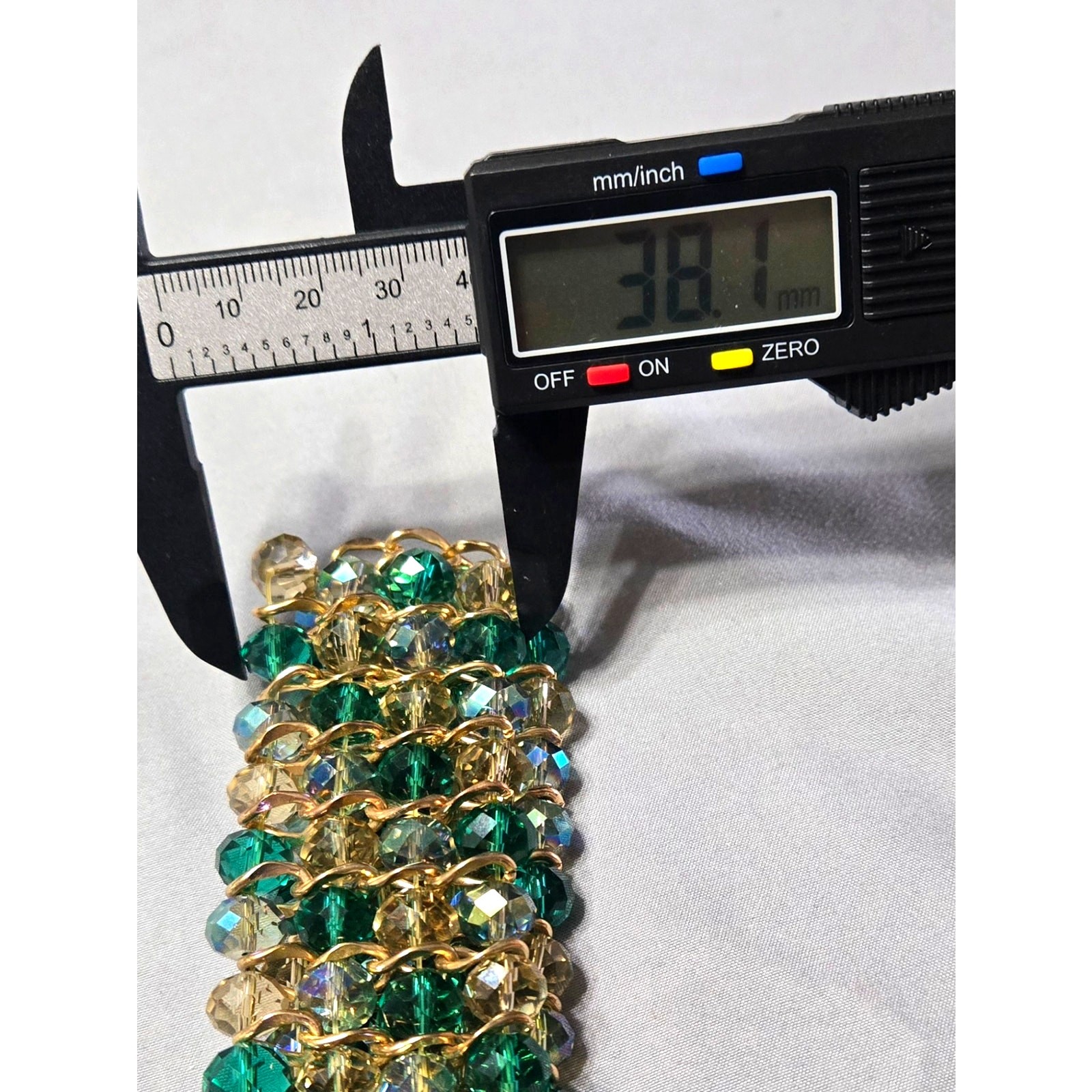 Green Beaded Multi-Row Stretch Cuff Bracelet Gold Chain Accent