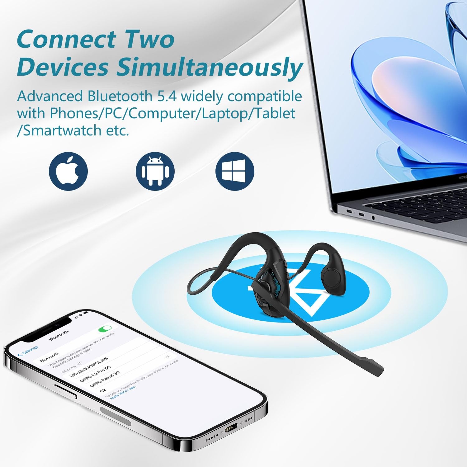 Bluetooth Headset with Microphone, Open Ear Headphones with Mic