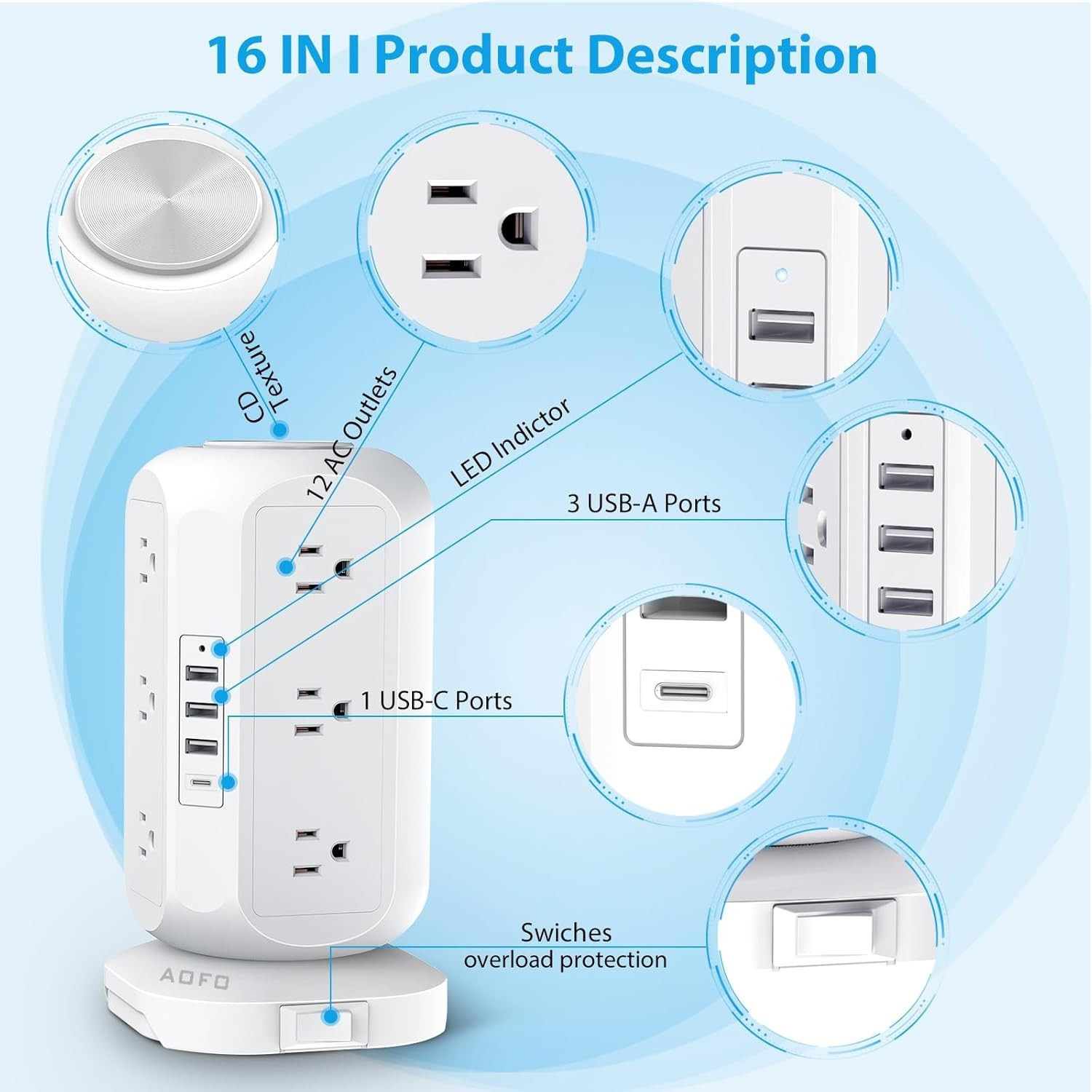 Tower Power Strip Flat Plug 12 Outlets 4 USB USB-C 10FT Surge Protector