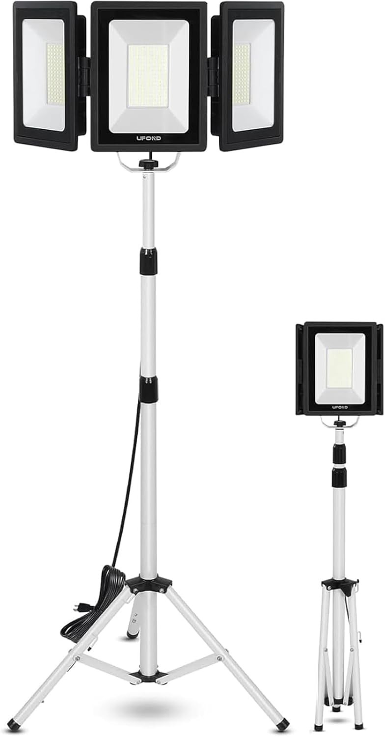 21000 Lumens LED Work Light with Stand, 3-Head Foldable White Worklight