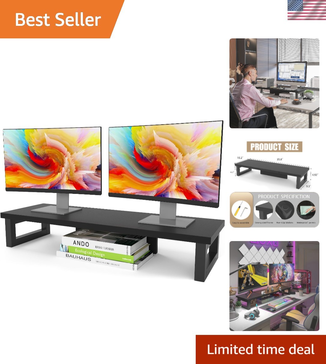 Dual Monitor Stand Riser, Wood and Steel Monitor Stand Riser, Computer Monito...