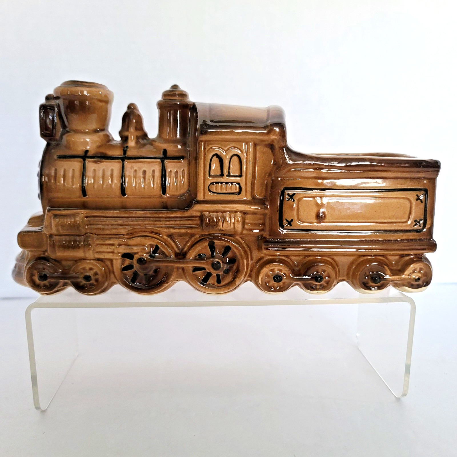 Vintage Locomotive Train Ceramic Planter Engine Mid Century Brown 8"