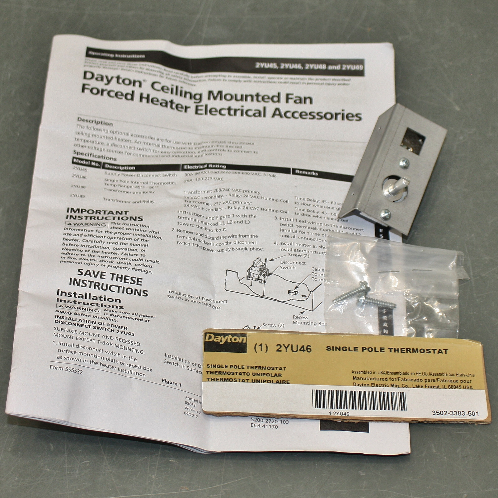 Dayton Electric Heater Thermostat 2YU46, Unit Mount, 45°F to 95°F, 120/277V AC