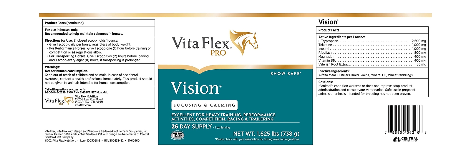 Vita Flex Vision Focusing & Calming Supplement for Horses, Pellets 1.625 Pound