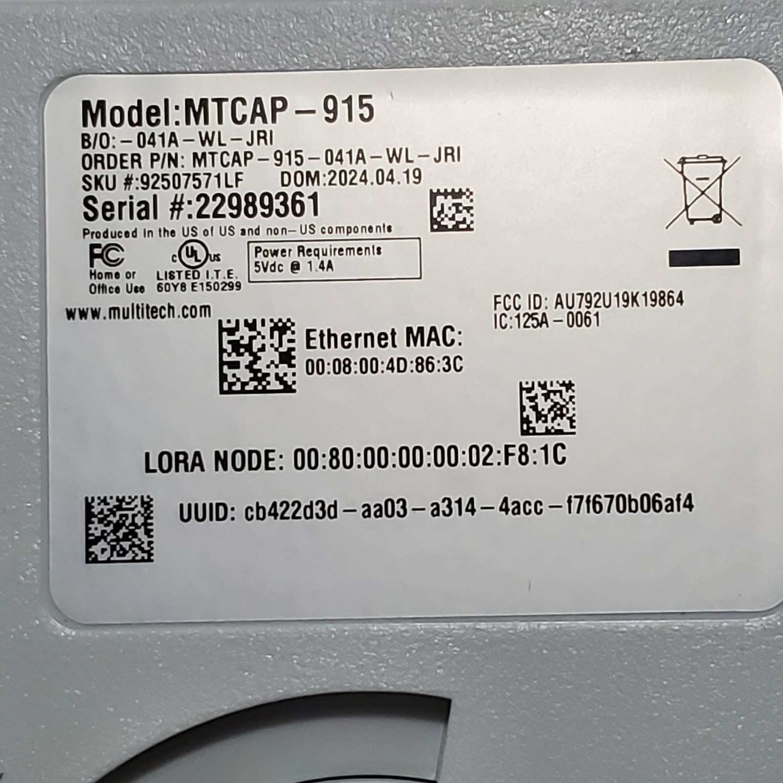 Multi-Tech Gateway for LoRa Spy connected Sensors Model MTCAP-915 (5 Available)