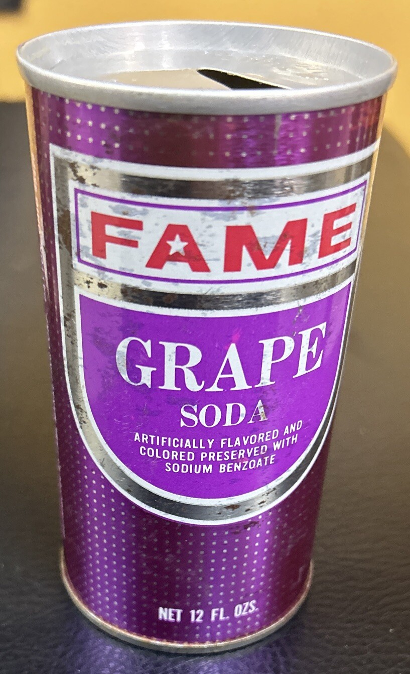 Vtg FAME GRAPE SODA 12 Oz. Empty Steel Can, Fame Marketing Corp., Dayton, OH.