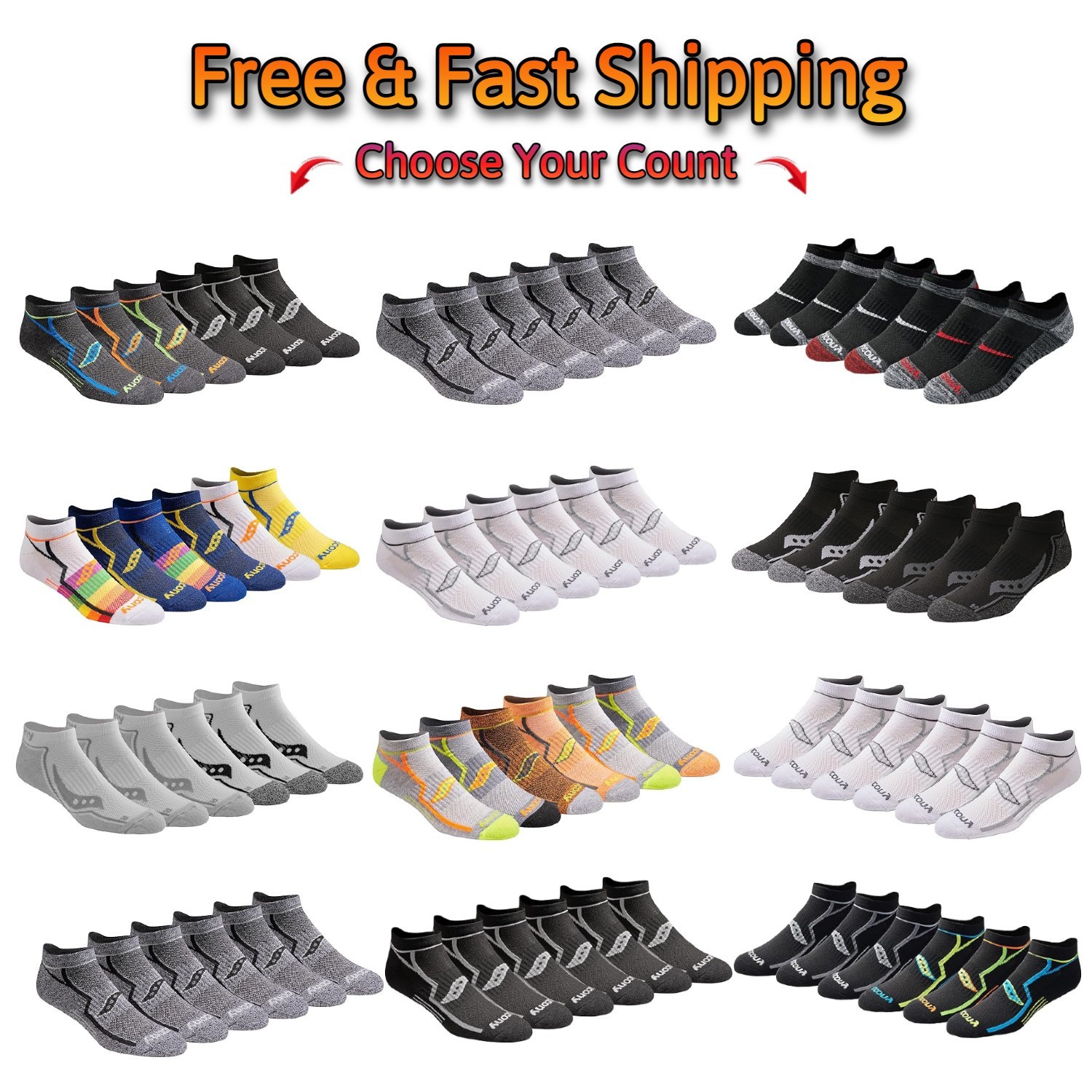Saucony Men's RunDry Bolt Performance No-Show Socks in 6 Pair(Select Size/Color)