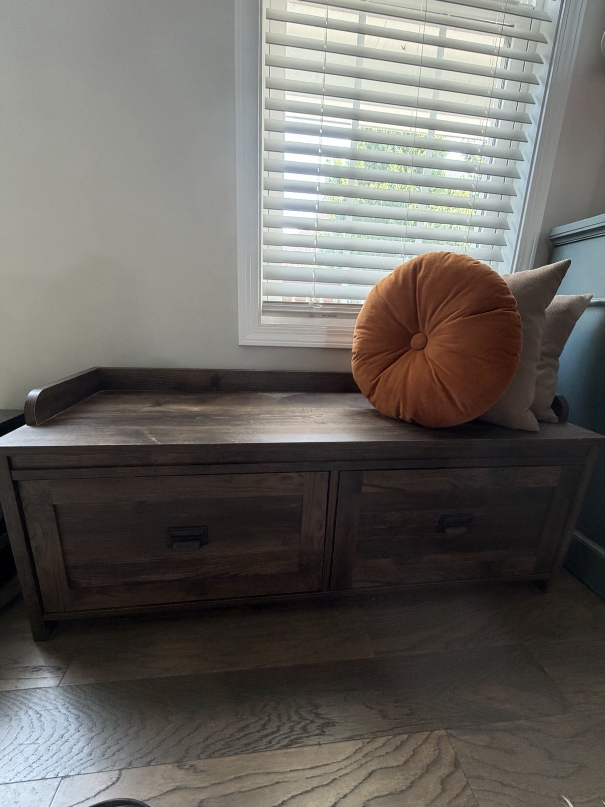 MOVING* Dark Wood Storage Bench w/ 2 Drawers, Solid Brown Indoor Entryway Bench