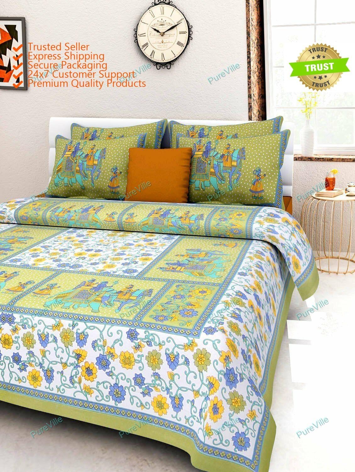Jaipuri Floral Print Home Decor Double Green Color Bed Sheet With 2 Pillow Cover