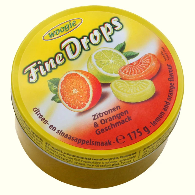 WOOGIE, GERMAN FINE DROPS SANDED Lemon Orange CANDY Bonbon 175 Gr.