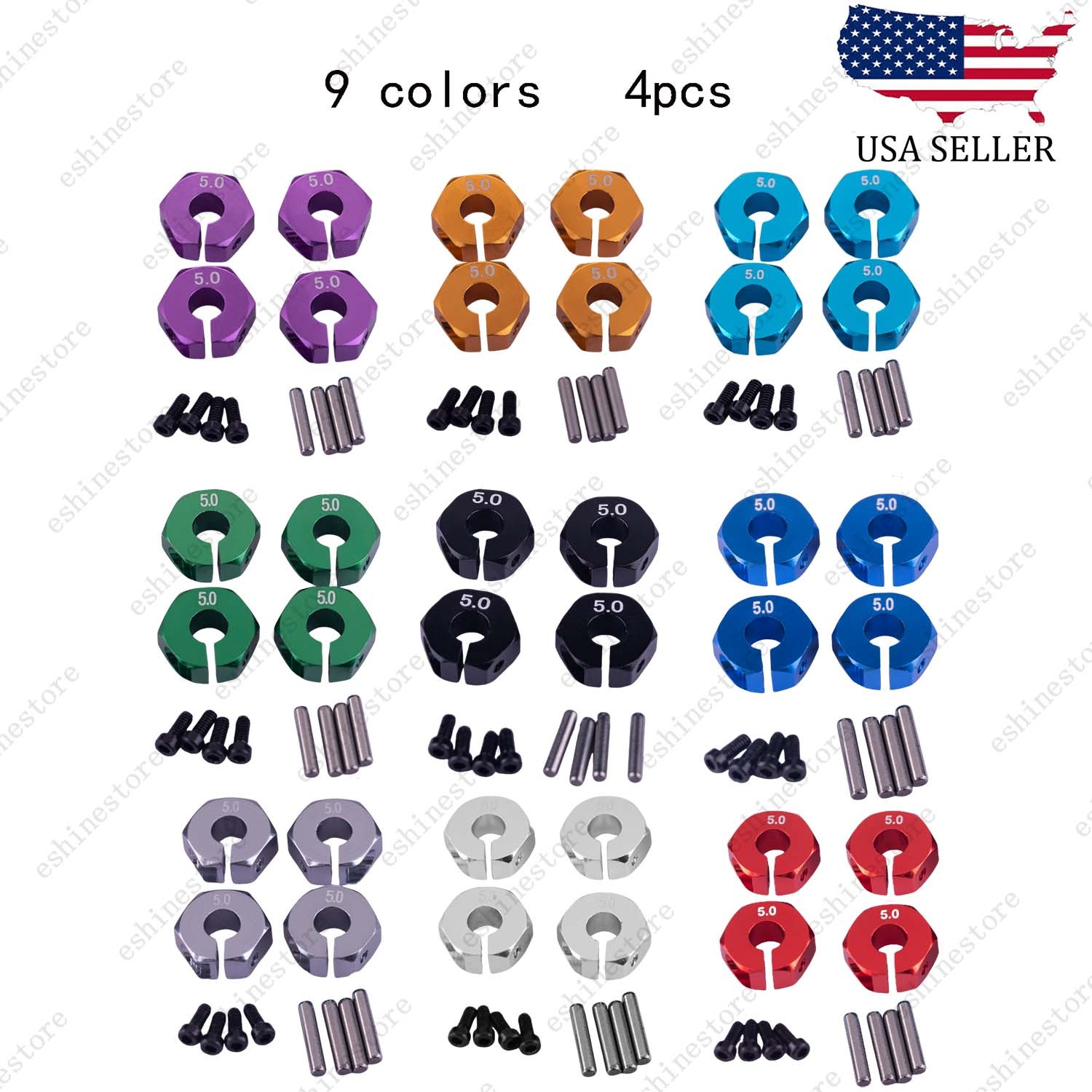 4pcs 12mm Hex Wheel Hubs for 1:10 RC Cars (5mm Thickness/5mm Bore) - 9 Colors