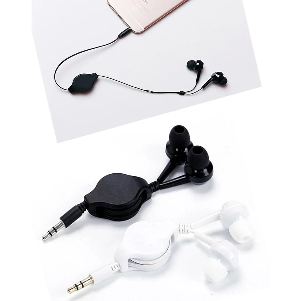 ThtRht 2 Pack Retractable Earbuds Wired Earphone Portable 80cm, black white