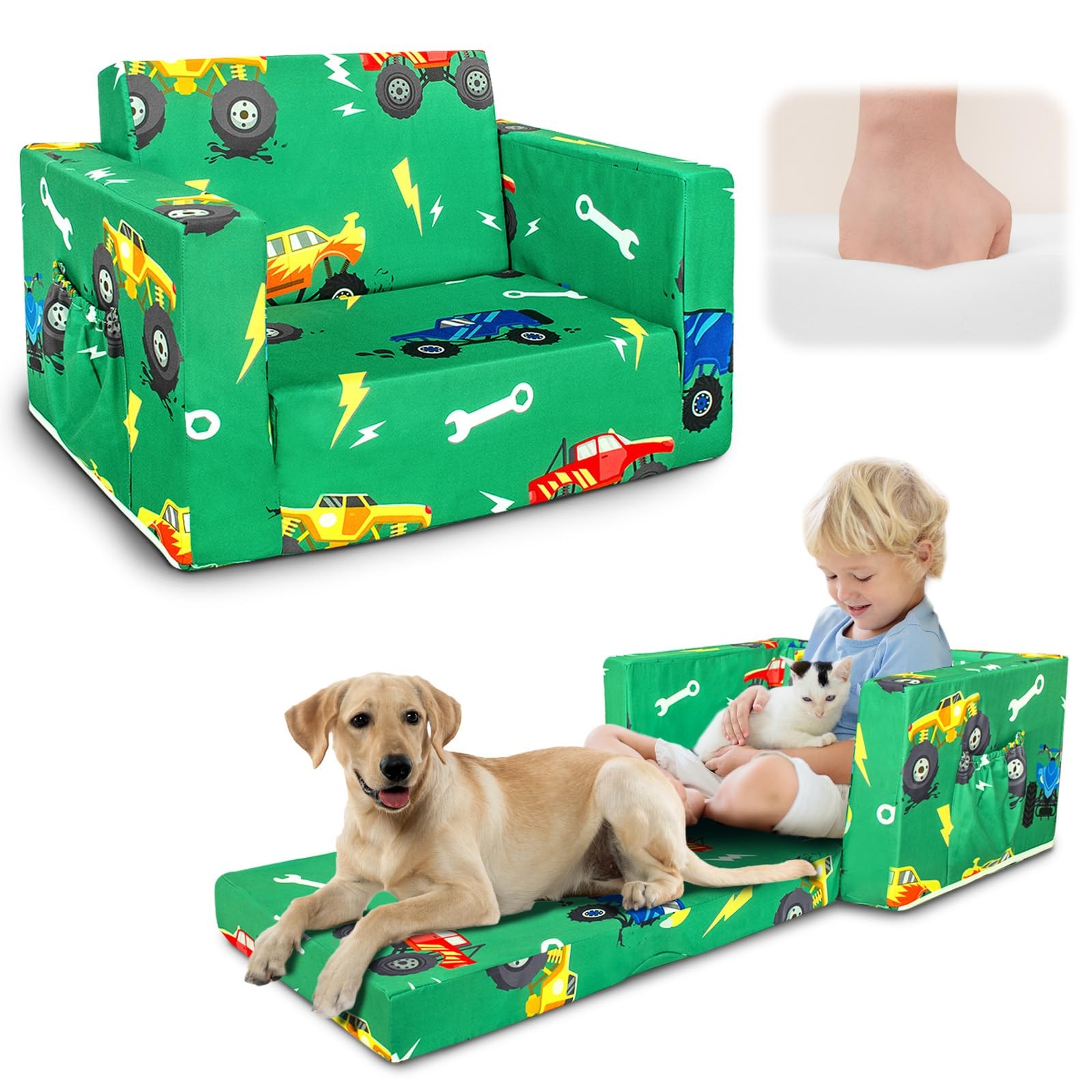 Kids Couch, 2-in-1 Kids Fold Out Sofa, Convertible Toddler Couch to Lounger f...
