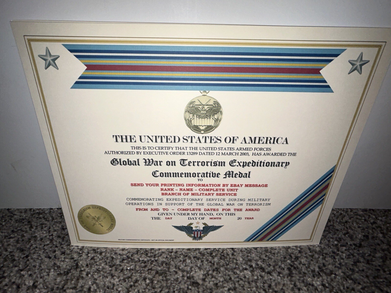 GWOT EXPEDITIONARY MEDAL COMMEMORATIVE CERTIFICATE ~ W/PRINTING TYPE-1
