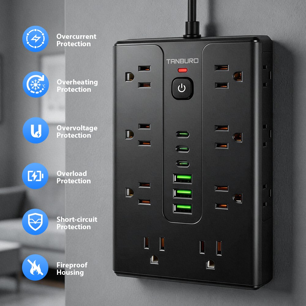 Flat Plug Power Strip with 16 Outlet Extension Cord USB Port Surge Protector