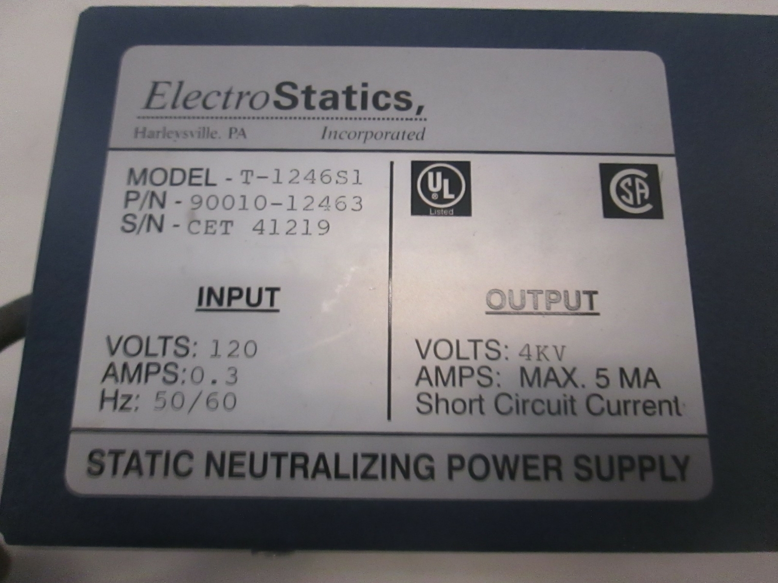 ElectroStatics, T-1246S1, Static Neutralizing Power Supply, Used