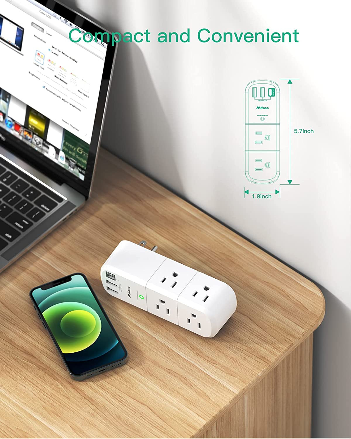 USB Outlet Extender Surge Protector - with Rotating Plug, 6 AC Multi Plug and 3
