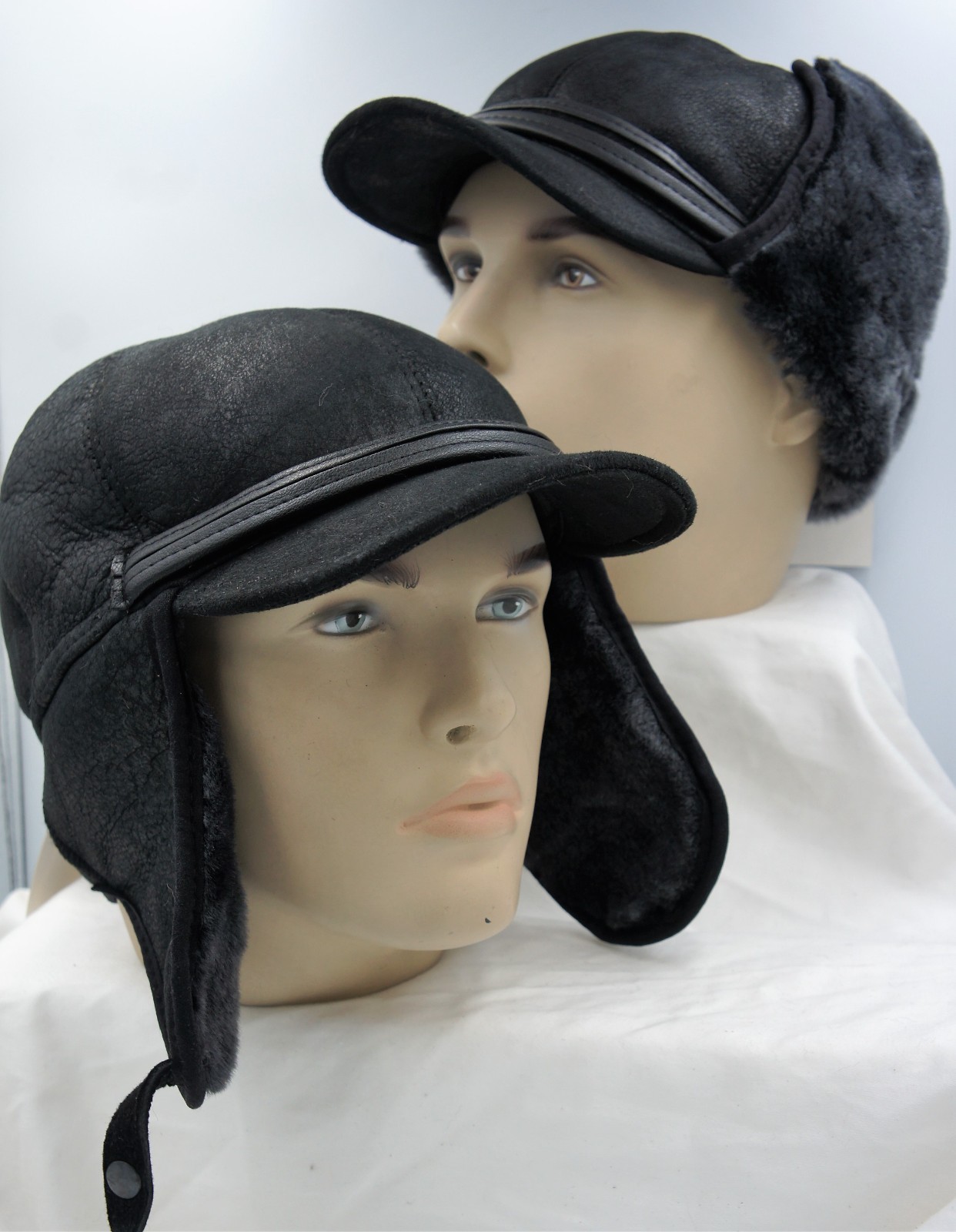 REAL SHEEPSKIN SHEARLING LEATHER Winter Aviator Hat Trapper Pilot S-3XL, BLACK