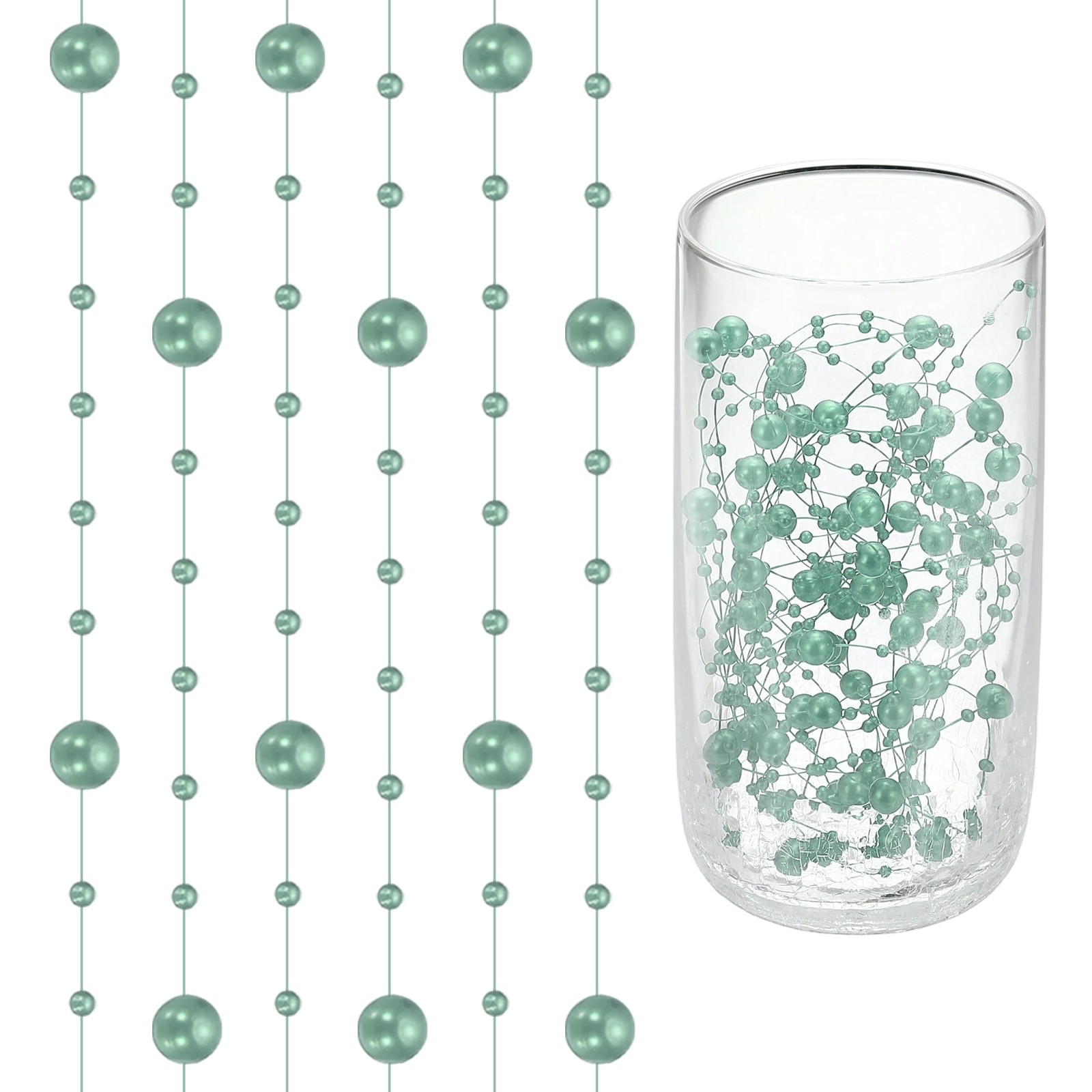 16 Feet Artificial Pearl String, Faux Pearl Beads Vases Filler, Forest Green