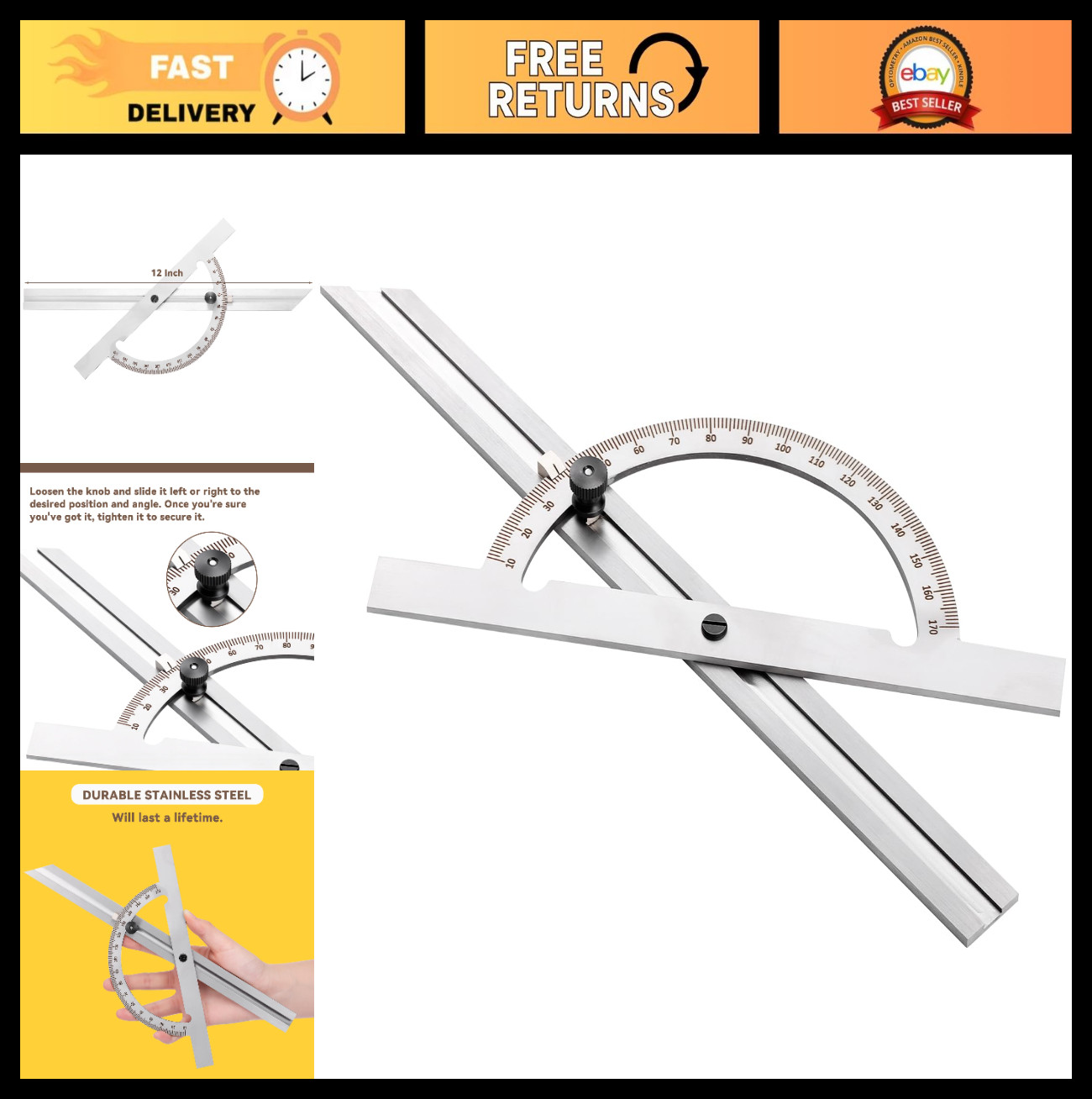 12" Steel Protractor Angle Finder - Sliding Bevel Gauge for Carpentry & Construc