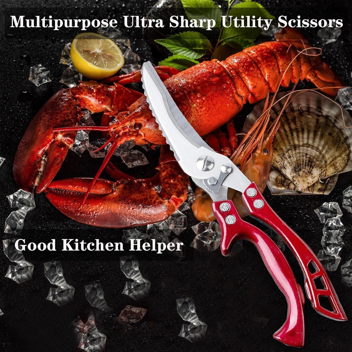 Versatile Heavy-Duty Kitchen Scissors - Non-Slip Red Handles & Leather Sheath