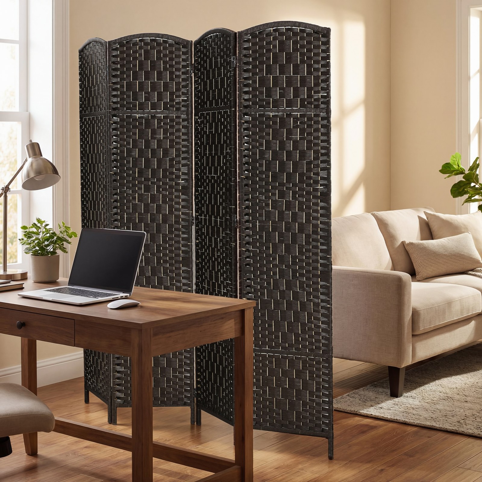 4 Panel Folding Privacy Screen, 70.9" Partition Wall Divider, Coffee